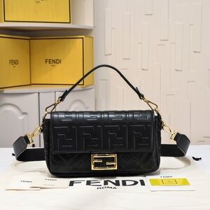 Fendi Black Embossed Leather Shoulder Bag with Gold Hardware
